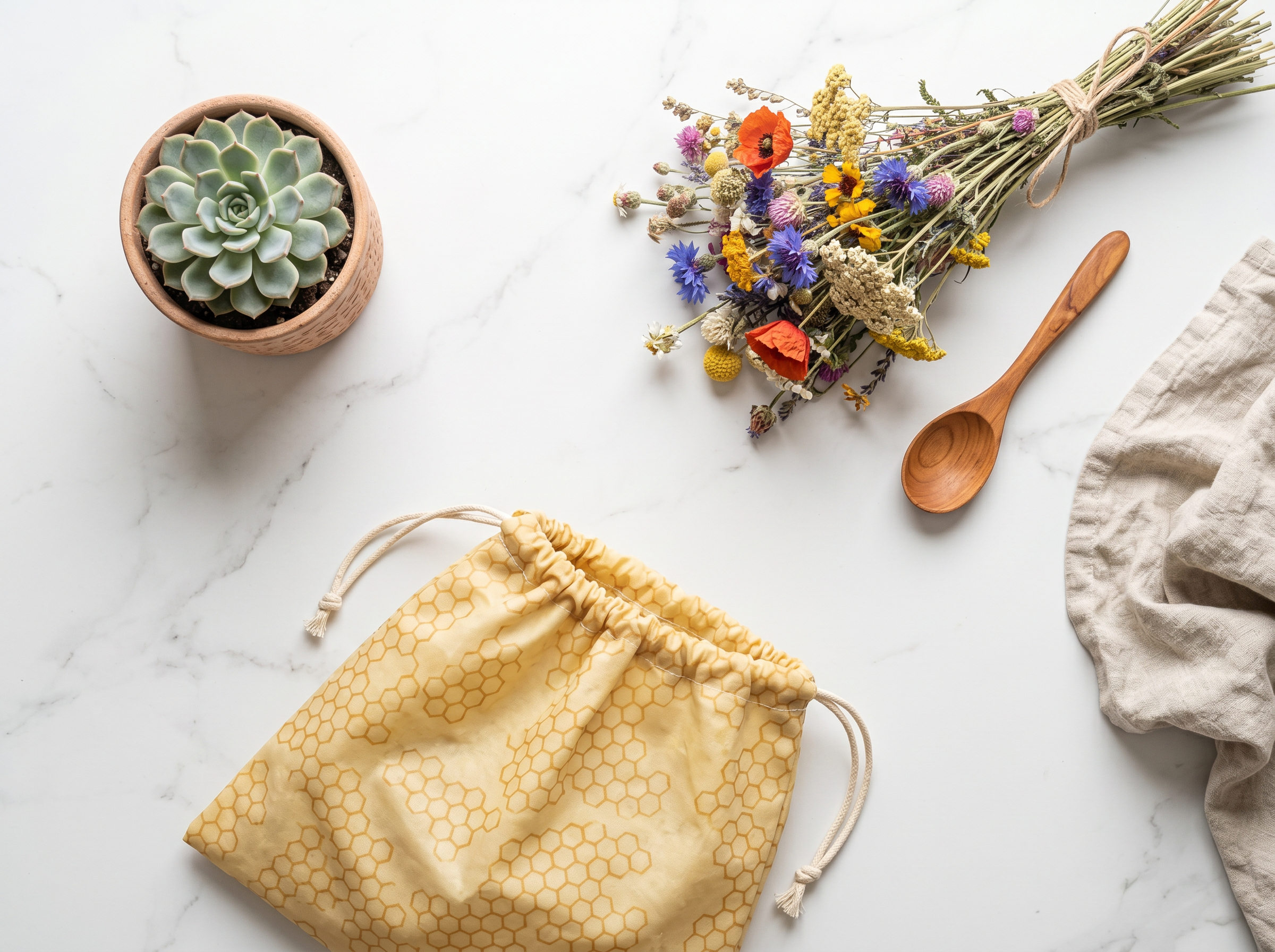 Loafly beeswax bread bag flat lay — eco lifestyle