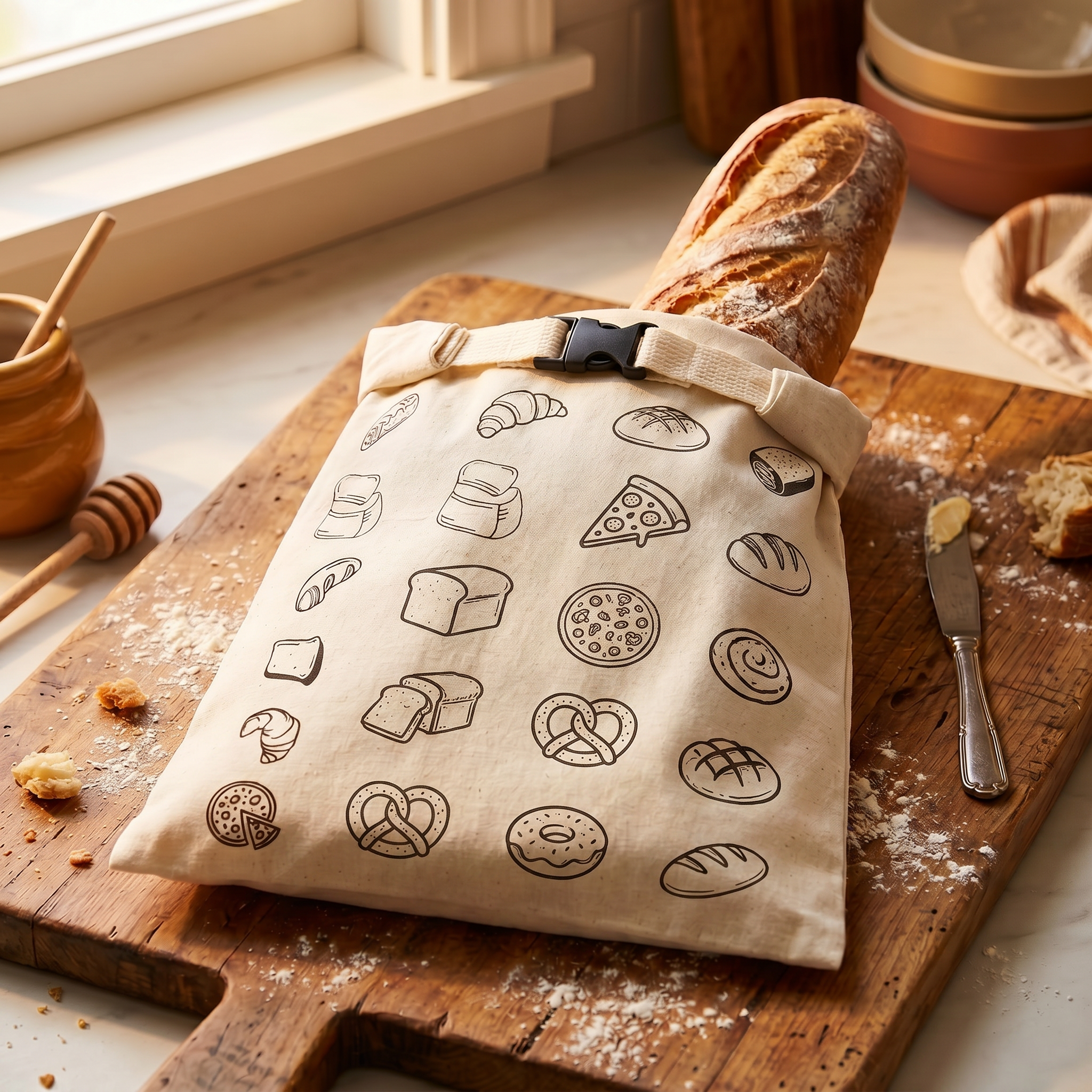 Artisan baguette being placed into Loafly beeswax linen bread bag