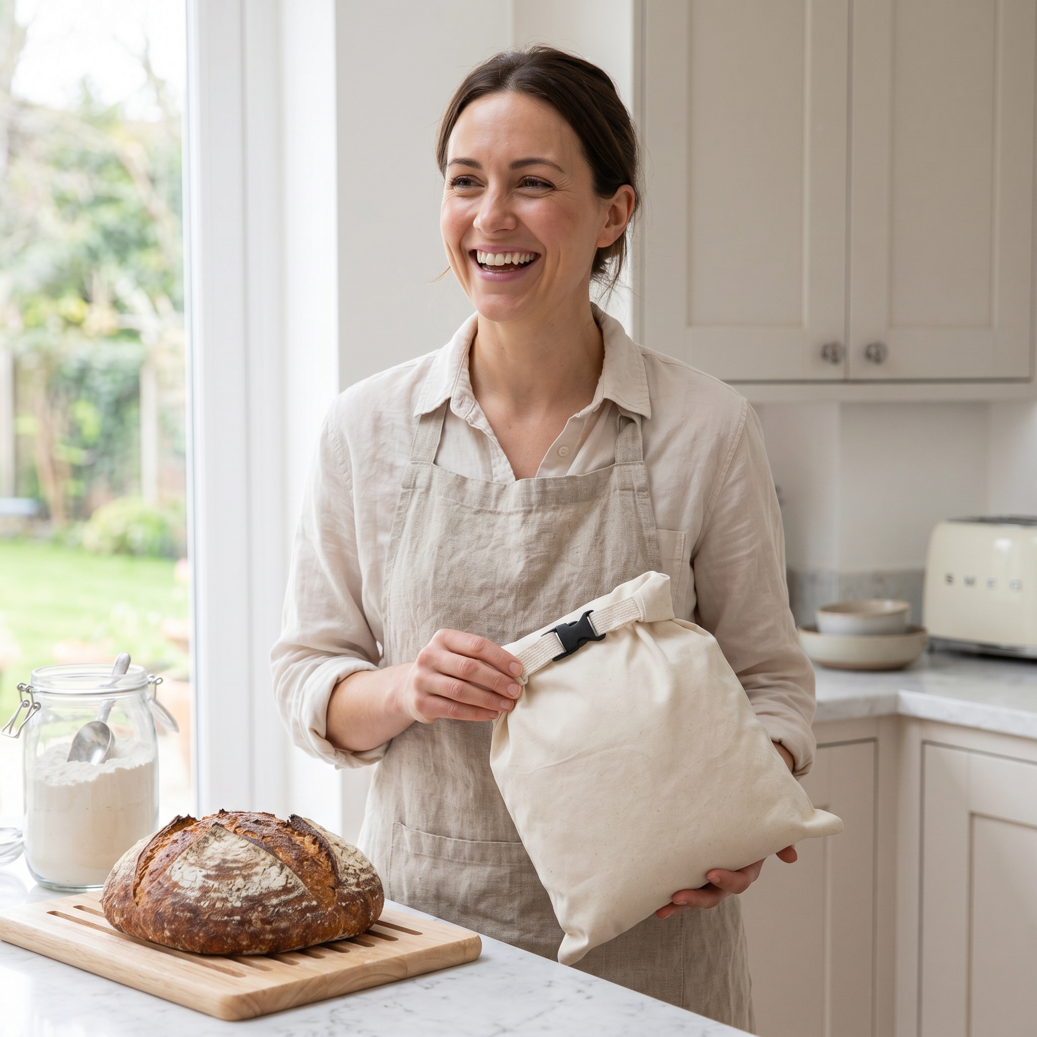 Home baker using Loafly beeswax bread bag in kitchen