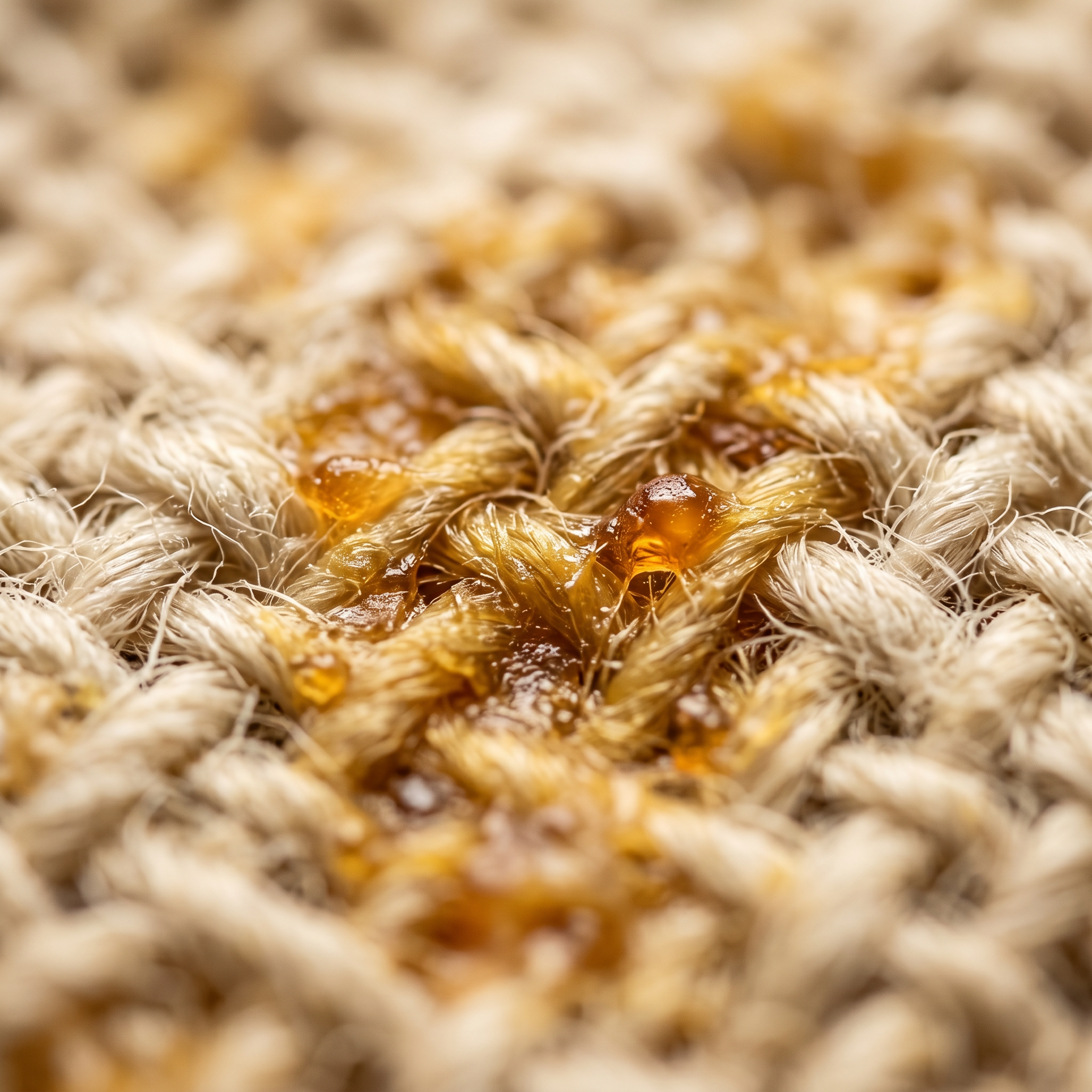Macro close-up of natural beeswax penetrating organic linen fibers